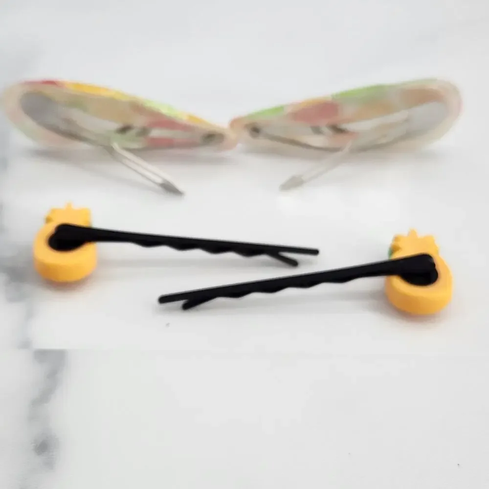4 pc Fruit Hair Accessories 2 Pineapple bobby pins 2 citrus snap barrette clips